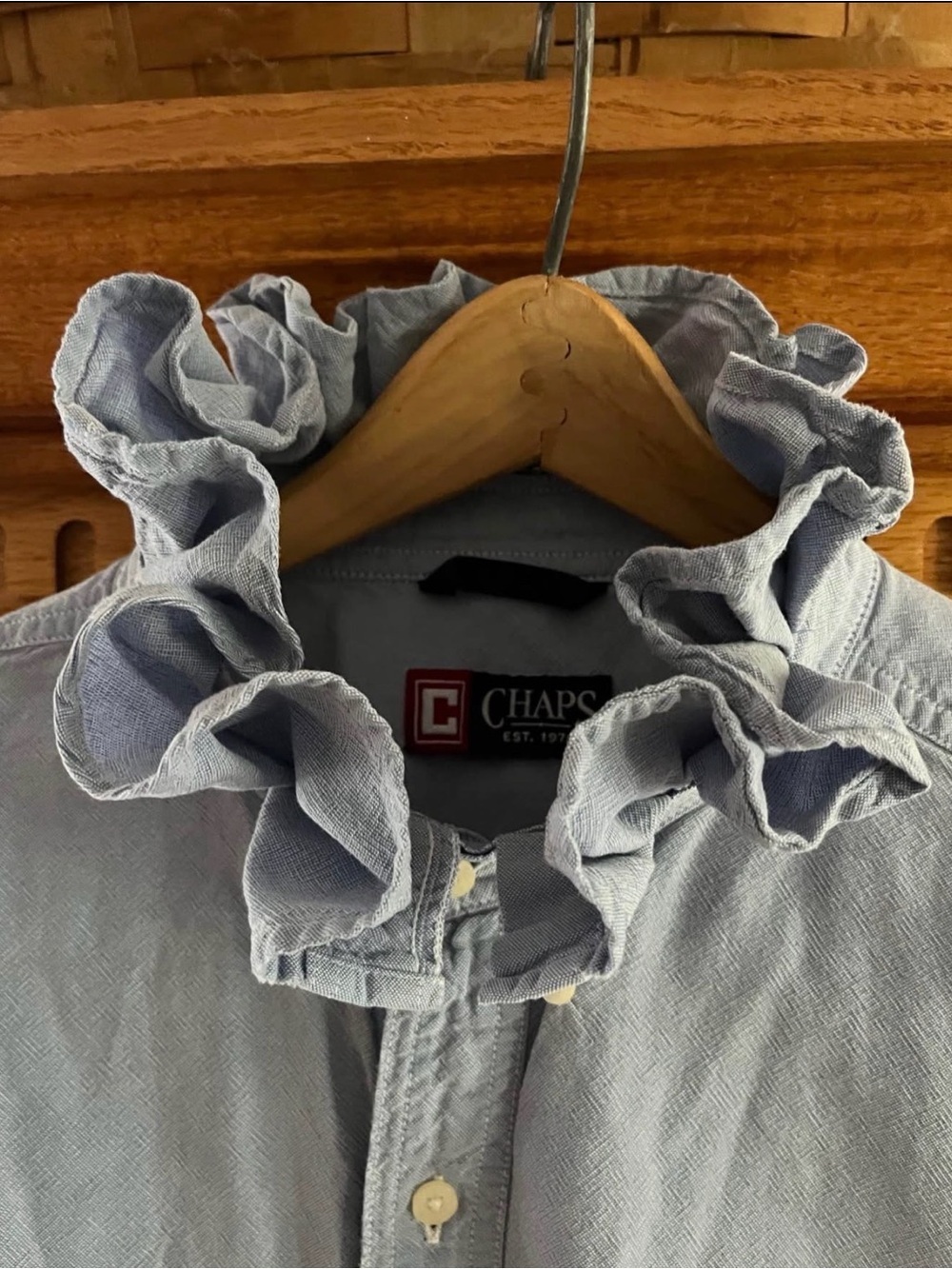 Chaps upcycled Light Blue Ruffle Collar Button-Down Shirt